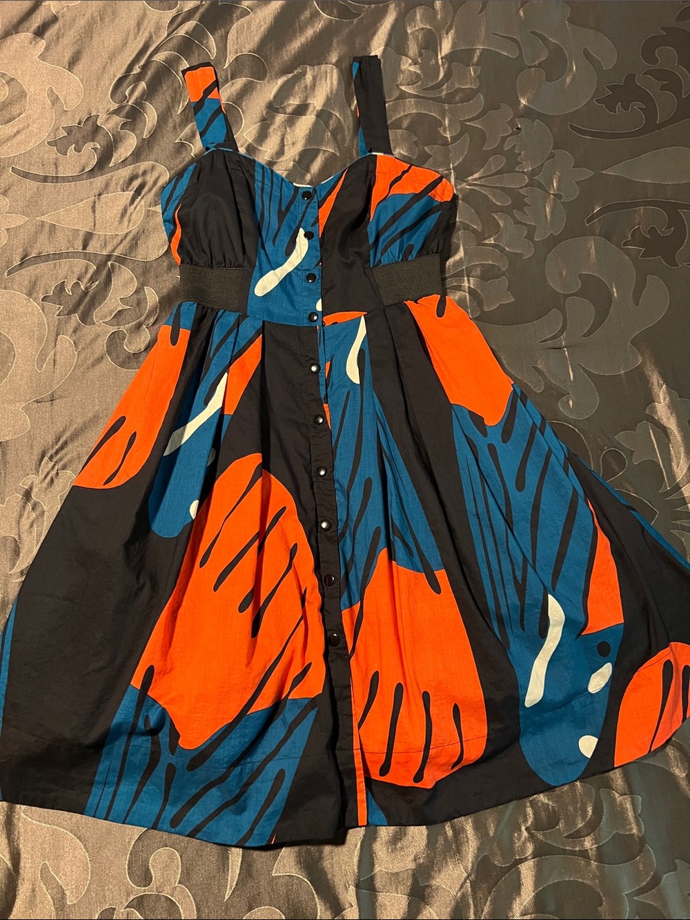 Anthropologie Maeve Fragmented Pipevine Dress Fit & Flare Orange Teal Black Sz 6